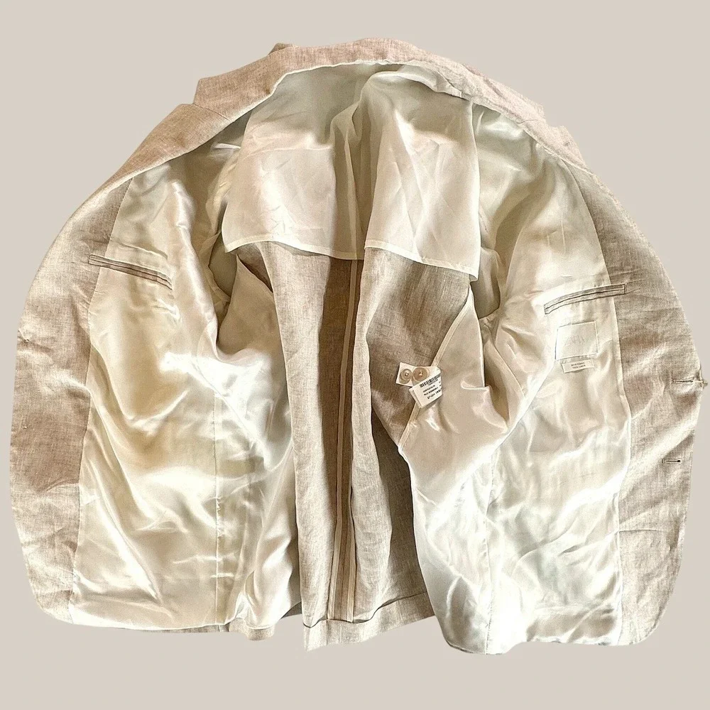 Zara 100% Linen Blazer Sport Coat Oatmeal Beige NWT Mens 46R EU56